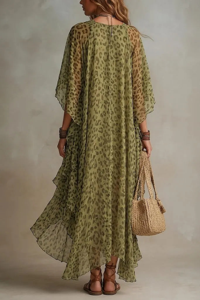 Stylish Loose-fit Leopard Print Chiffon Maxi Dress