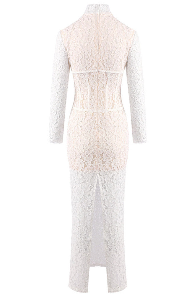 Long Sleeve Structured Lace Maxi Dress White
