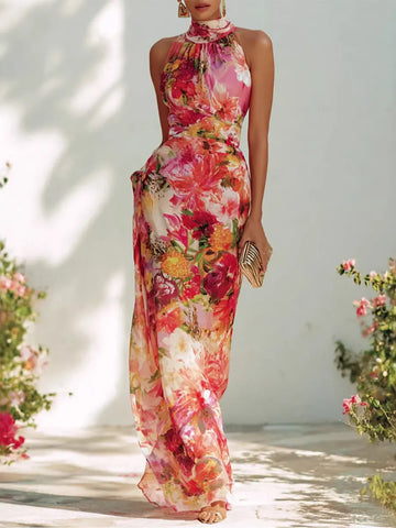 Elegant Floral Halter-neck Sleeveless Chiffon Dress