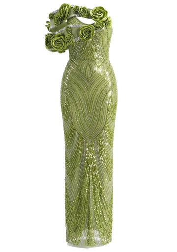 Floral Bardot Sequin Maxi Dress Green