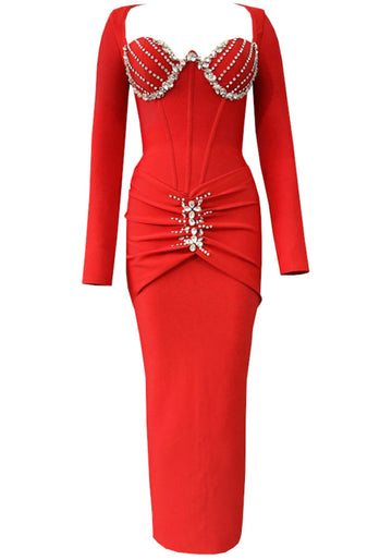 Long Sleeve Crystal Bustier Draped Maxi Dress Red
