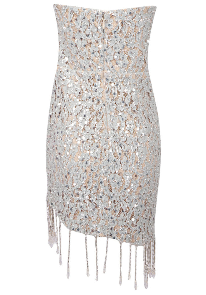 Strapless Crystal Floral Tassel Dress Silver