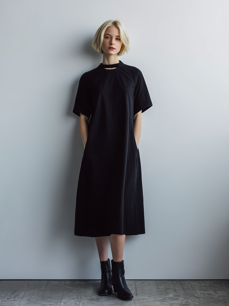 Women's Casual Minimalist Black Poly-Cotton Midi Dress — Short Sleeve, Crew Neck, Cutout Design MDZ2787D4ZJW