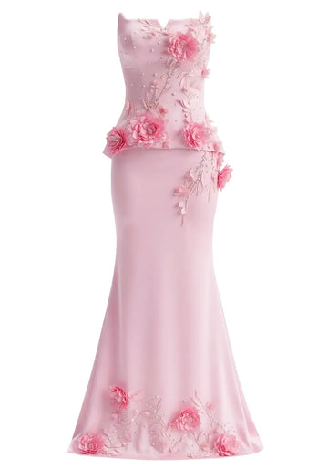 Strapless Floral Detail Maxi Dress Pink