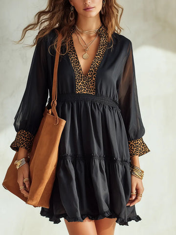 Edgy Leopard-Trimmed Chiffon Mini Dress