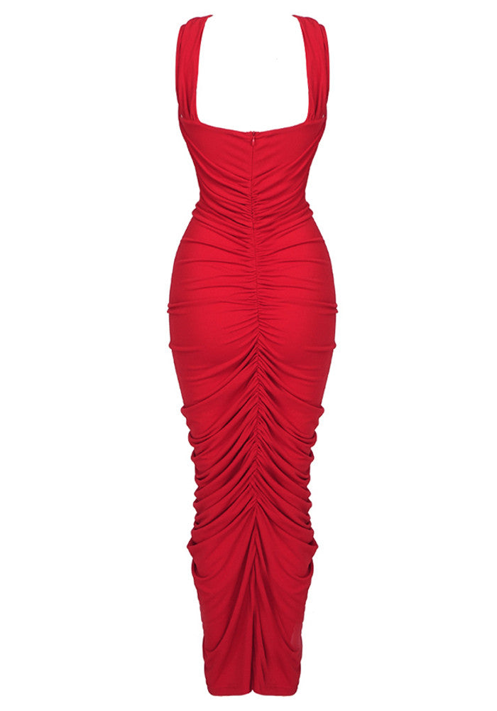 Halter Floral Ruched Maxi Dress Red