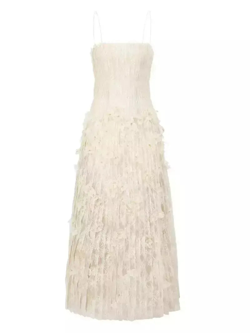 Long Pleated Sleeveless Lace Dress with Floral Appliques