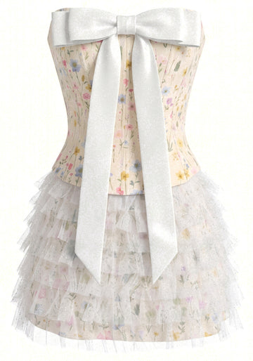 Strapless Floral Mesh Ruffle Dress Yellow