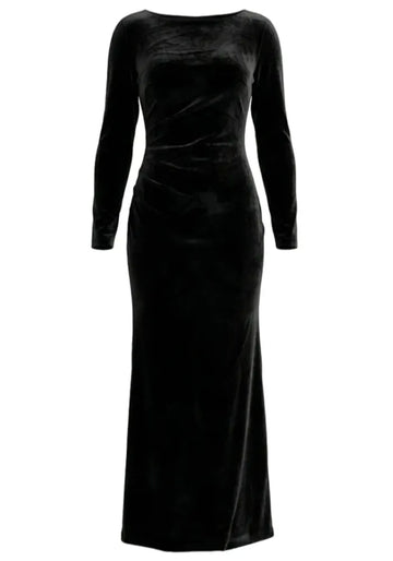 Long Sleeve Crystal Backless Maxi Velvet Dress Black