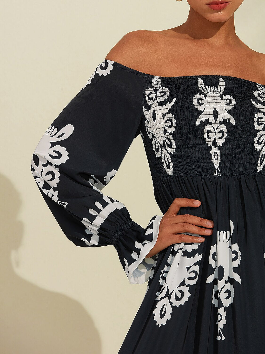 Geometric Print Off Shoulder Midi Satin Dress
