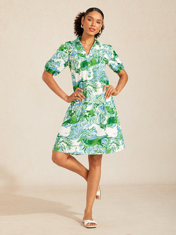Graphic Art Mustang Shirt Collar Linen Look Midi Dress