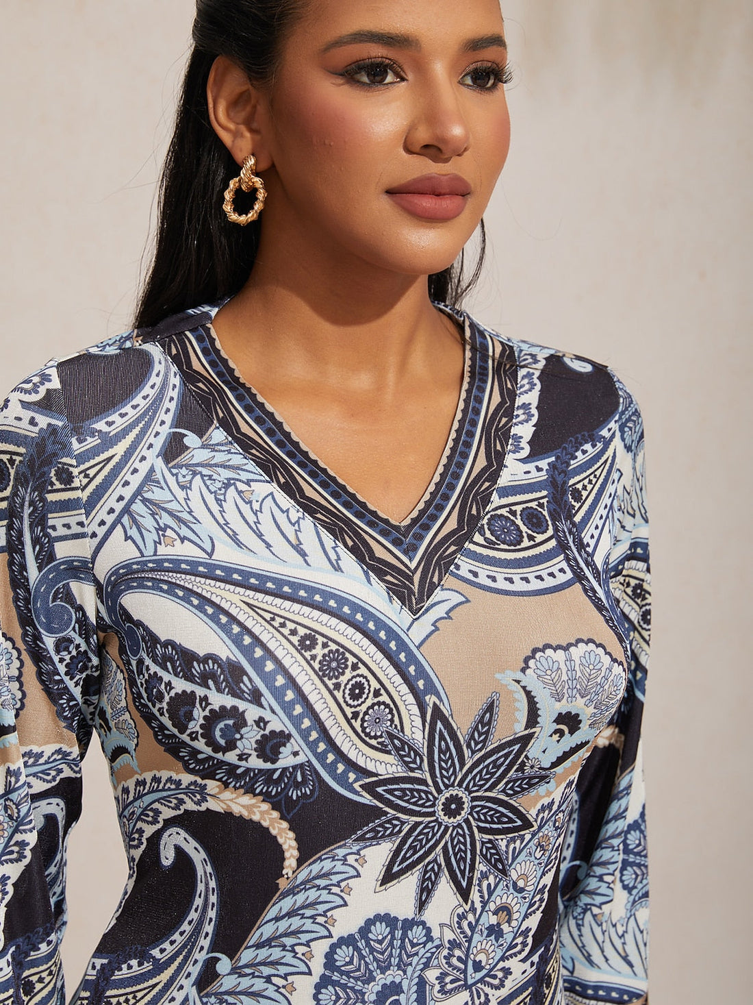 Abstract Paisley Print Knit Stretch Fitted Maxi Dress