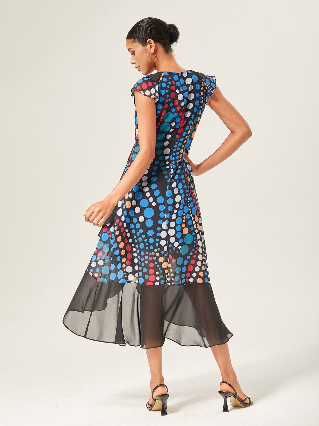 Colorblock Polka Dot Print Chiffon Ruffle Maxi Dress