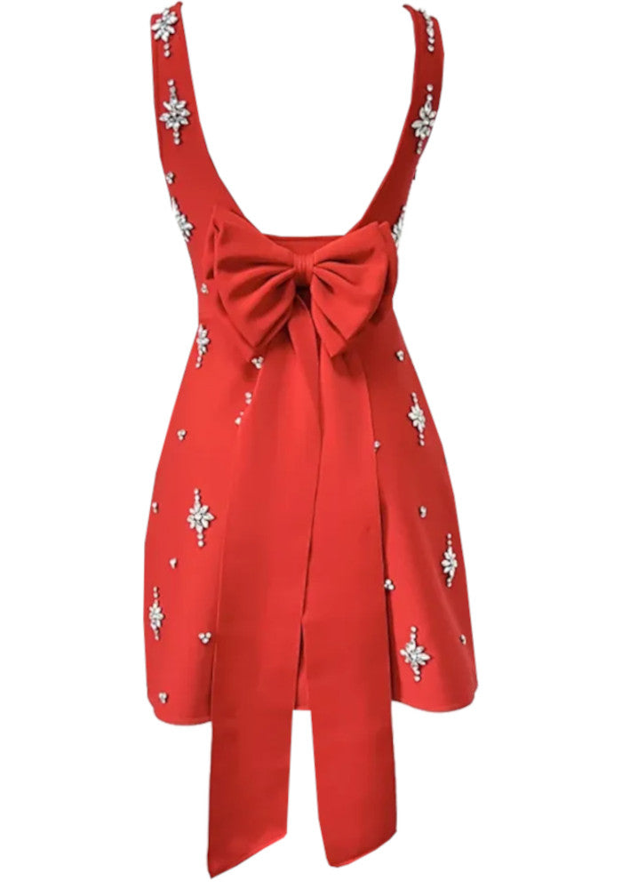 Crystal Bow Detail Backless A Line Dress Red