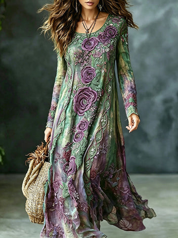 Women's Vintage Romantic Floral Art Linen Blend Round Neck Long Sleeve Maxi Dress