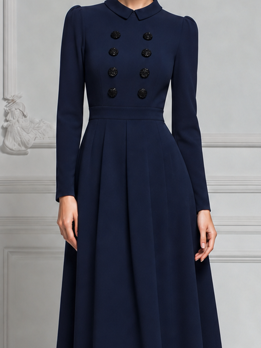 Navy Blue Peter Pan Collar Double Breasted Fit And Flare Midi Dress