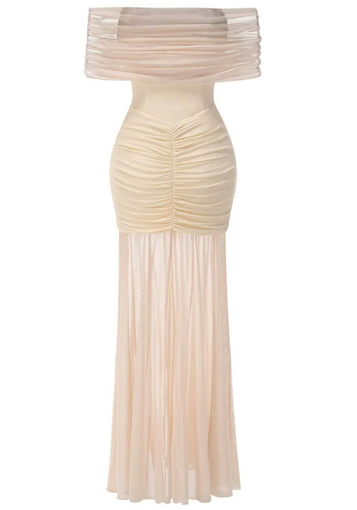 Bardot Ruched Maxi Dress Ivory