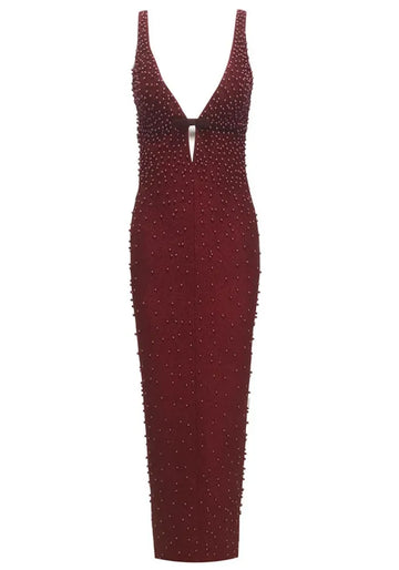 Embellished Plunge V Neck Maxi Dress Burgundy