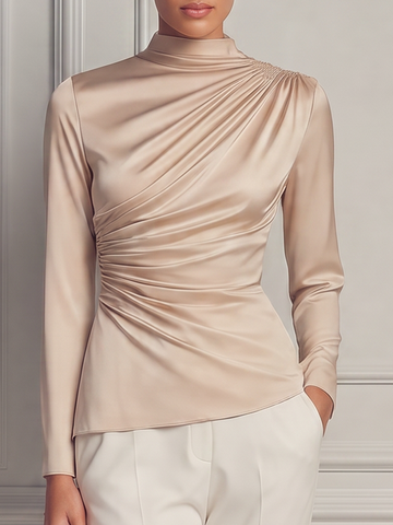 Champagne Satin High Neck Ruched Long Sleeve Blouse