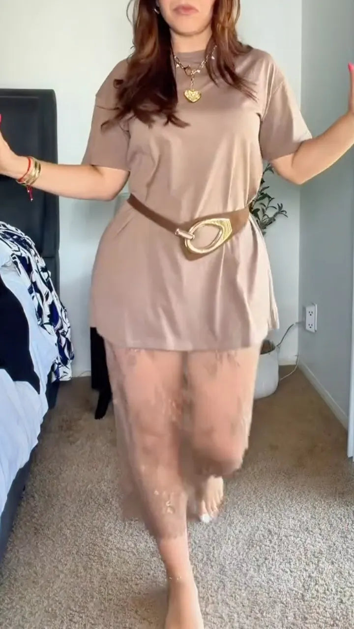 Taupe Two Layer T-shirt Lace Maxi Dress