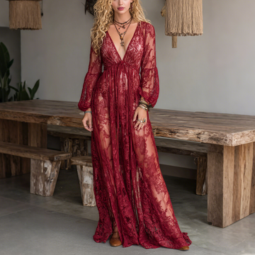 Elegant V-neck High Waist Lace Flared Long Sleeve Dress