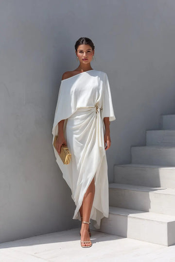 Women's White One Shoulder Asymmetric Satin Midi Dress