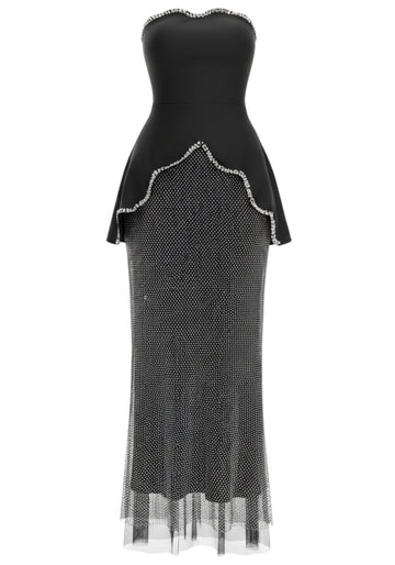 Strapless Crystal Trim Peplum Maxi Dress Black