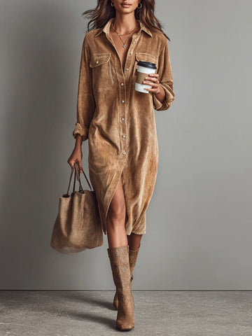 Loose Corduroy Double Chest Pocket Single Breasted Midi Dress