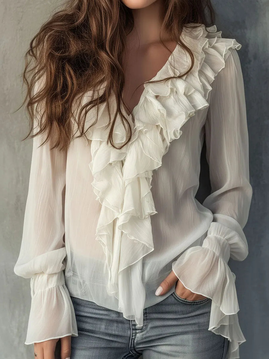 Romantic Ivory Ruffle Front Chiffon Blouse