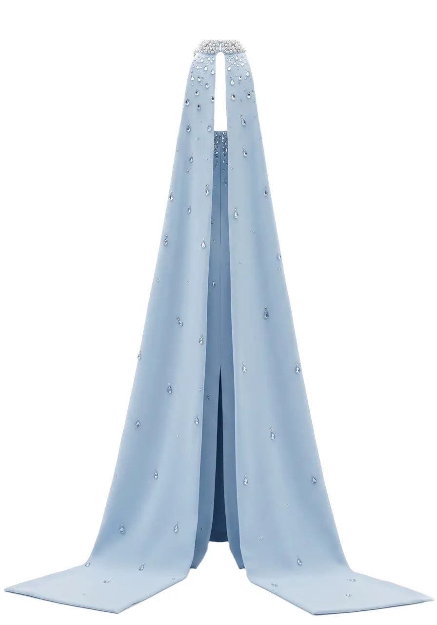 Strapless Crystal Cape Maxi Dress Blue