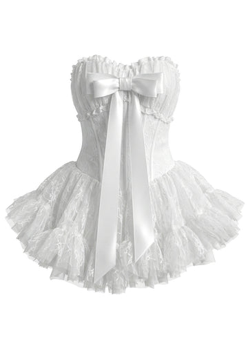 Strapless Draped Bustier Lace A Line Corset Dress White