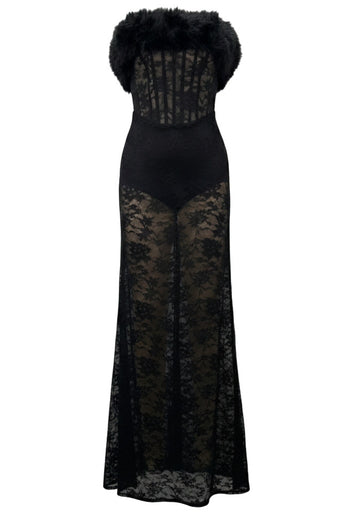 Strapless Fur Structured Lace Maxi Dress Black