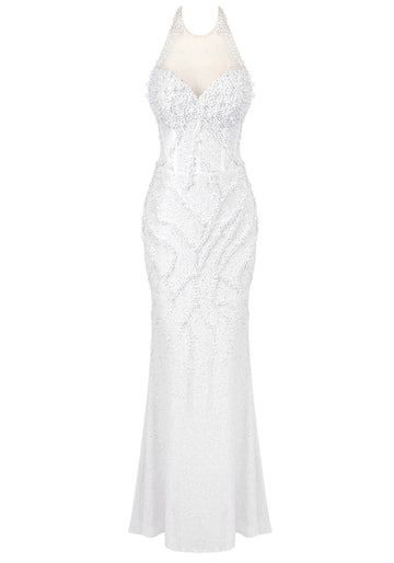 Halter Pearl Detail Sequin Maxi Dress White