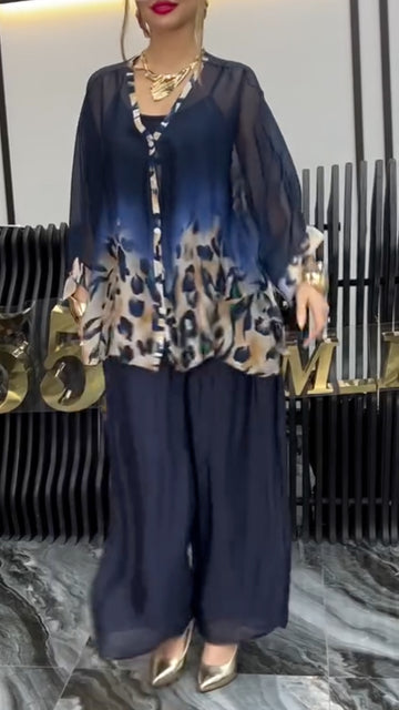Gradient Leopard Print Chiffon Shirt & Wide Leg Pants Two Piece Se