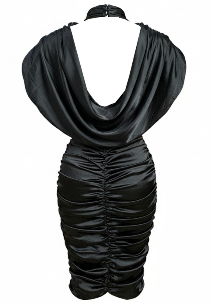 Draped Lace Insert Midi Dress Black