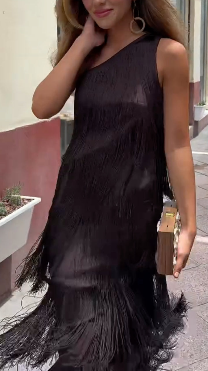 One Shoulder Fringe Midi Tassel Dress