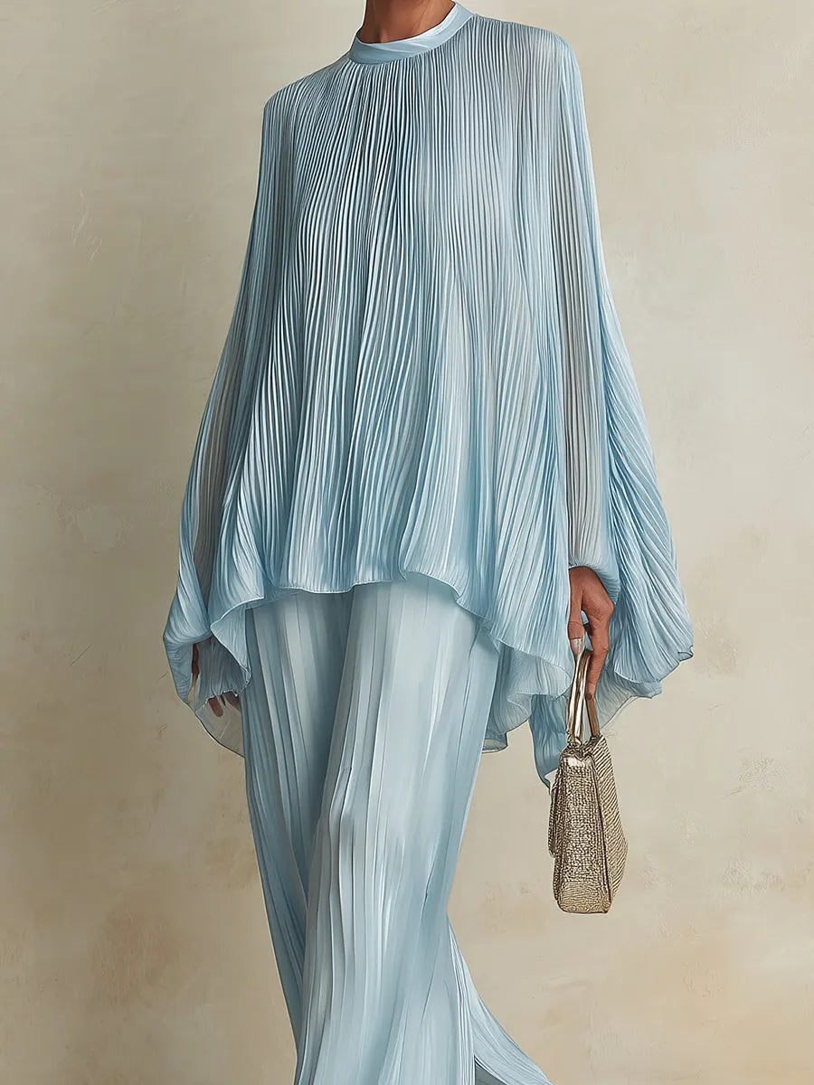 Classic Pleated Batwing-Sleeve Blouse & Wide-Leg Pants Set