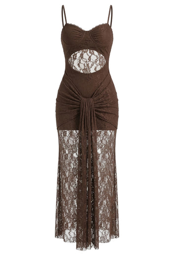 Draped Lace Maxi Dress Brown