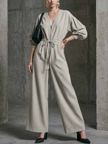 Women's Commuter Light Gray Linen-Cotton Zip-Up Waisted Wide-Leg Jumpsuit MDZ2174D2GMJ