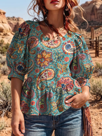 Women's Vintage Art Puff Sleeve Top