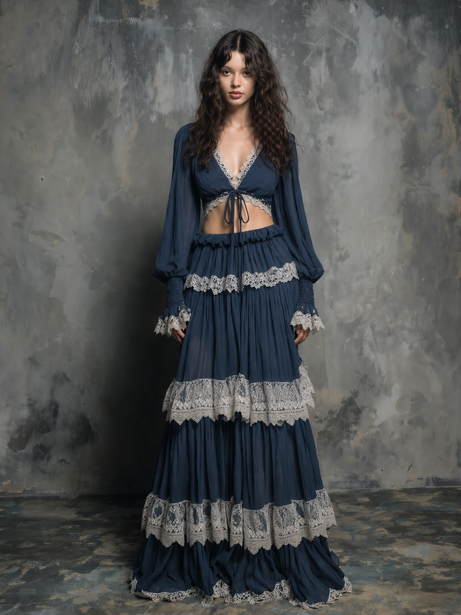 Women's Bohemian-Style Vintage Romantic Deep Navy Blue Lace-Trimmed Tiered Maxi Skirt And Cropped Top Set MDZ2220D5ZJW