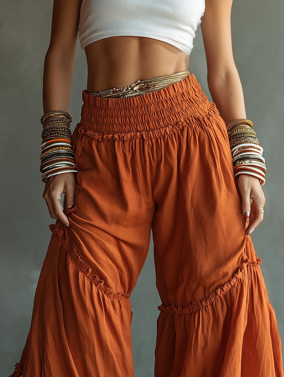 Women's Minimalist Linen-Blend Wide-Leg Pants With Elastic High Waist And Ruffles MDZ2572D4Y