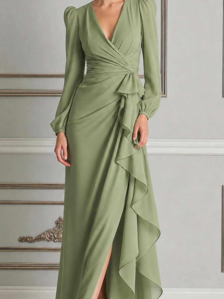 Green Dress Fall Wedding Guest Dress Wrap Ruffle Slit Maxi Dress