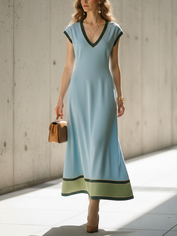 Women's Elegant Light Blue Cotton Blend Color-Blocked V-Neck A-line Long Dress MDZ1687D1GMJ