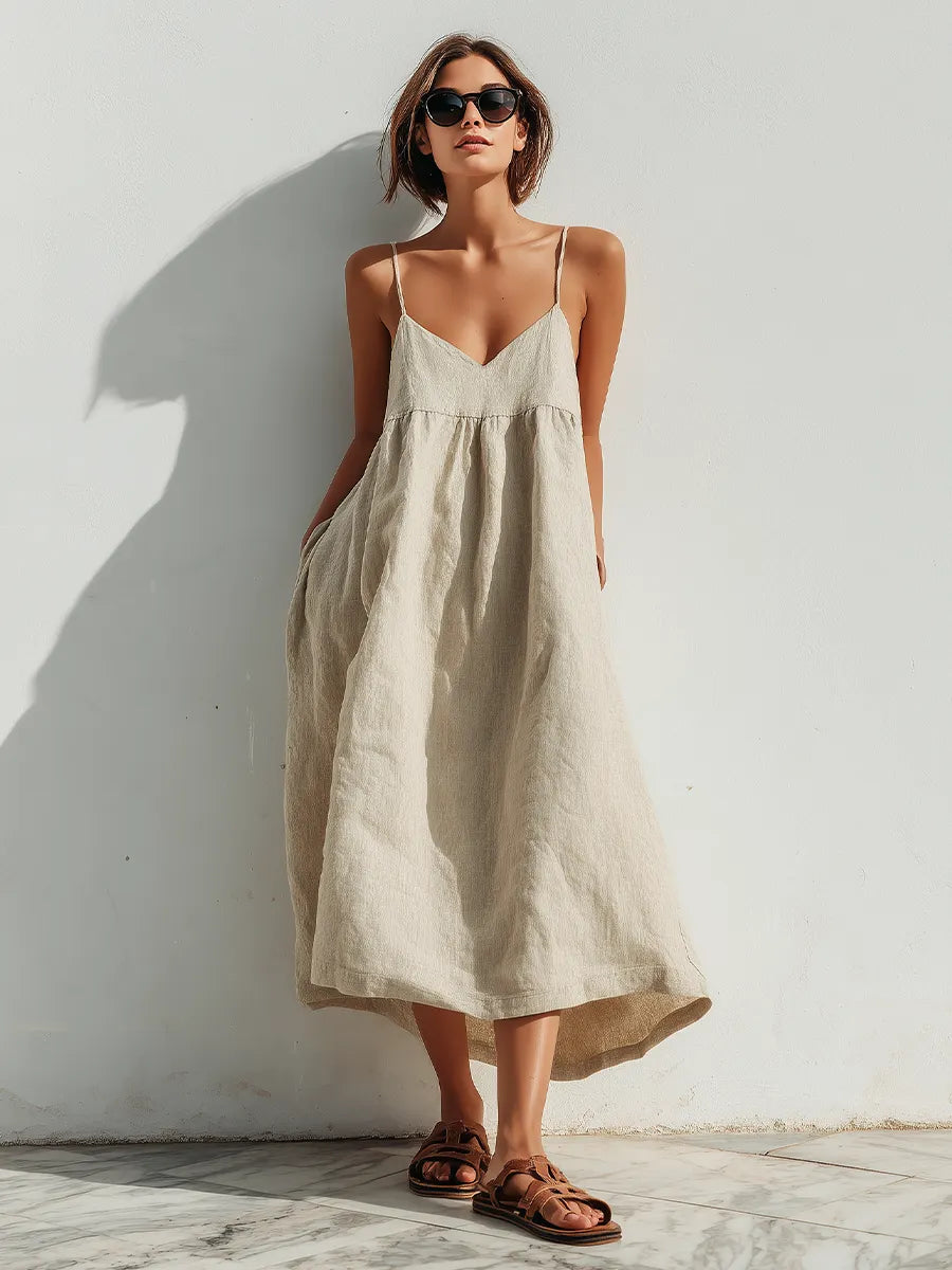 Women's Lightweight Linen Swing Dress With Loose Fit & Asymmetric Hem, Contemporary Effortless-Elegant Style Dress MDZ1369D3LYL