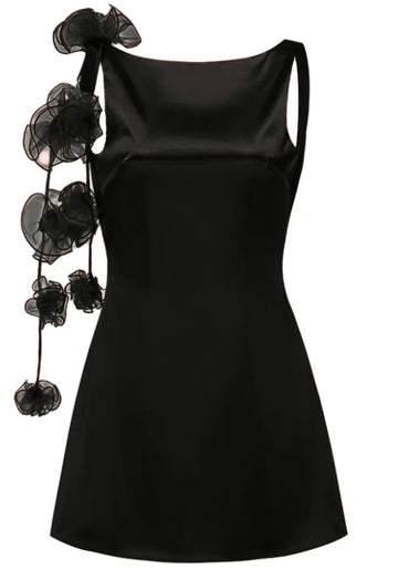 Floral Detail Backless Dress Black