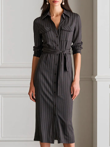 Dark Gray Vertical Pinstripe Collared Shirt Midi Dress