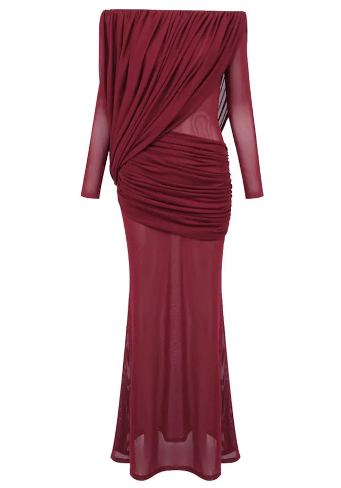 Long Sleeve Draped Bardot Maxi Dress Burgundy