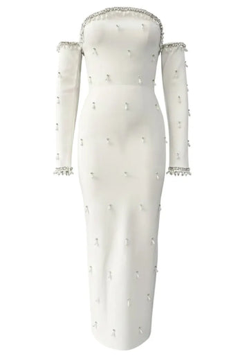 Long Sleeve Bardot Crystal Pearl Maxi Dress White