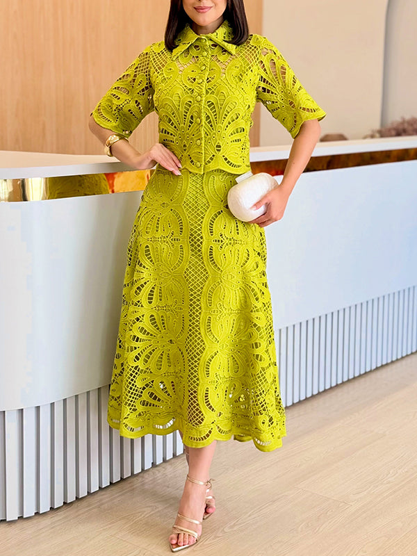 Floral Cutwork Lace Crop Top & Midi Skirt Two Piece Set